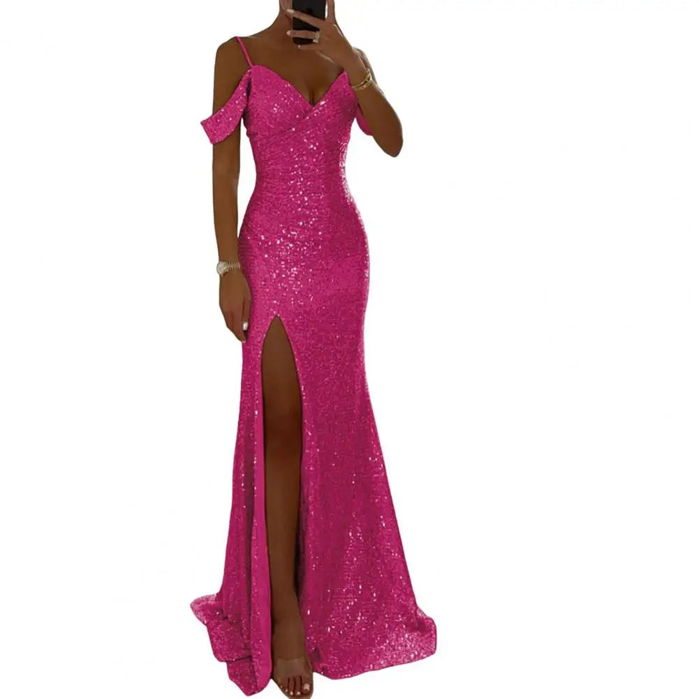 Women Sequin Suspender Dress Off Shoulder V Neck Side Slit Evening Dress Floor Length Sequin Ball Gown Banquet Maxi Dress 80%