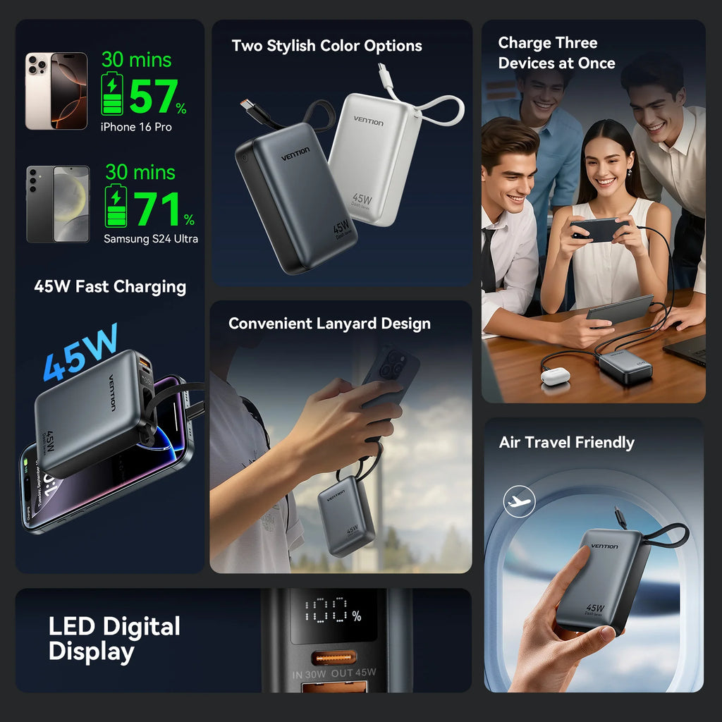 Vention CCC Certification Powerbank 45W 20000mAh Power Bank Type C PD Fast Charging Portable Charger Battery for Phone PC