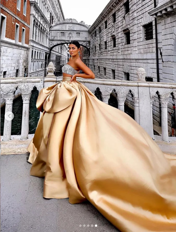 Gold Celebrity Gowns Beading Draped Strapless Crystal Formal Dress Puff Long Train Sexy 2 Pieces Prom Dresses Bow Floor Length