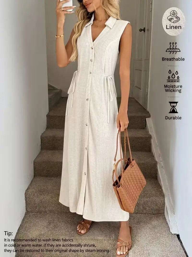 BohemianStyle Dress Sleeveless V-Neck ButtonFront Dresses Elegant Classic Solid Dresses Resort SeasideStyle Vacation Dresses