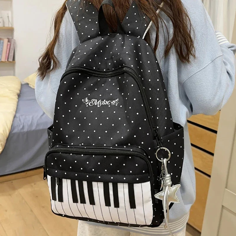 Polka Dot Piano Keyboard Backpack Back-to-school Girl Music Theme Embroidered Nylon Backpack Large Capacity Lightweight Backpack