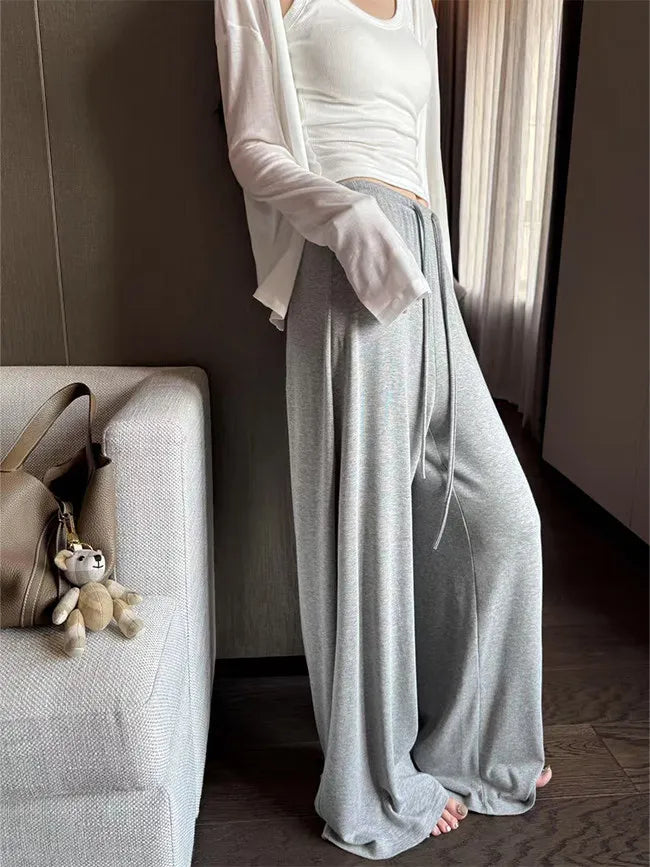Women's Straight Pants Spring Summer Loose Casual High Waist Wide-leg Pants Drawstring Solid Gray Trousers Women