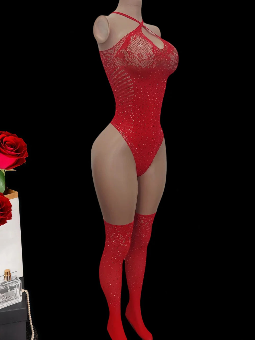 Sexy lingerie hot women red Elastic tight fitting rhinestone teddy and stockings underwear sets intimate nightgown