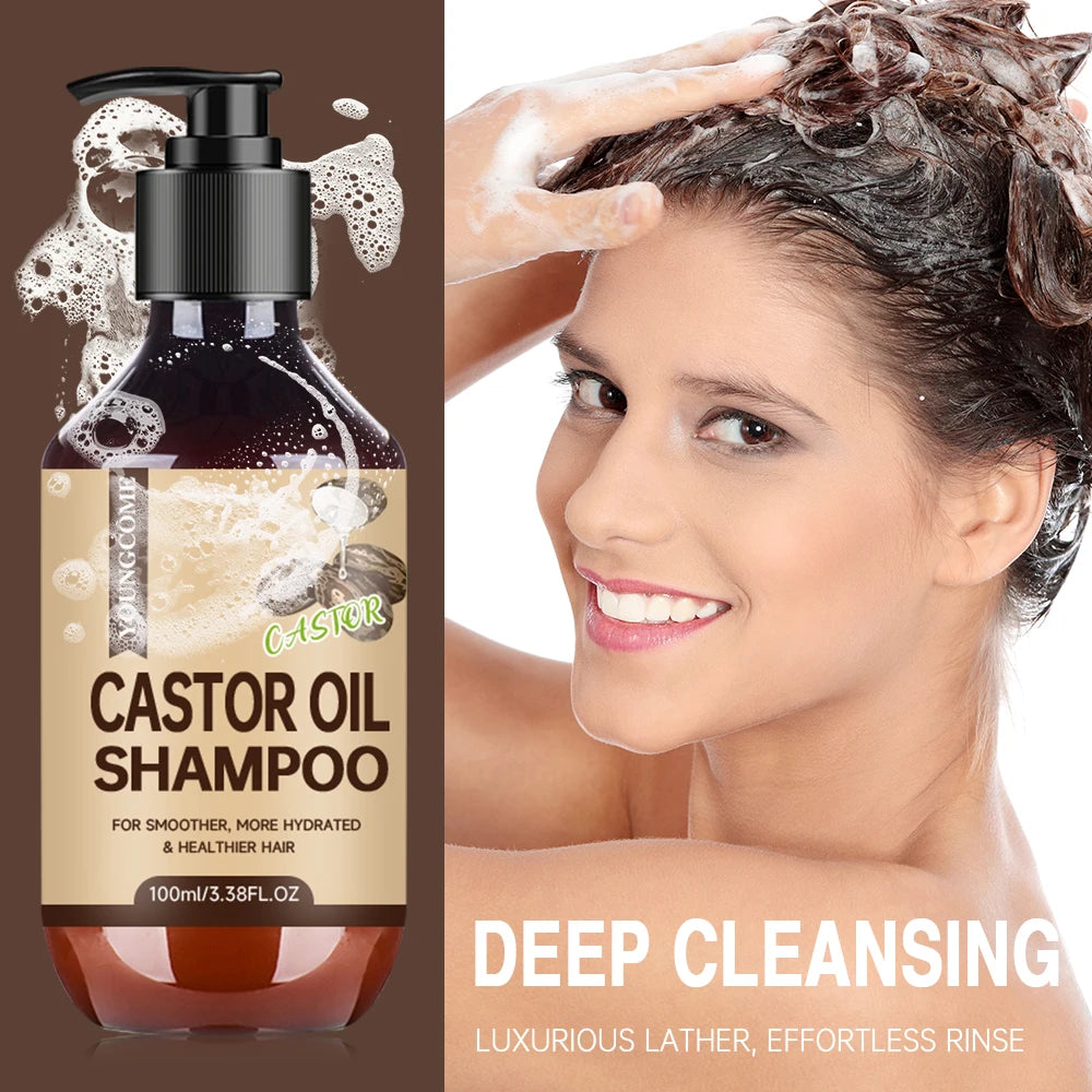 YOUNGCOME Castor Oil Hair Care Set: 3.38oz Shampoo, 3.38oz Shower Gel, 2.03oz Essential Oil, 2.12oz Hair Mask for Hair