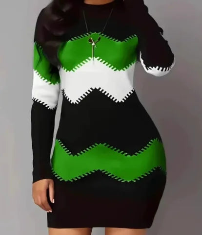 Round Neck Long Sleeve Print Knit Bodycon Midi Dress Women Casual Slim EU US Style Fall Winter Gown