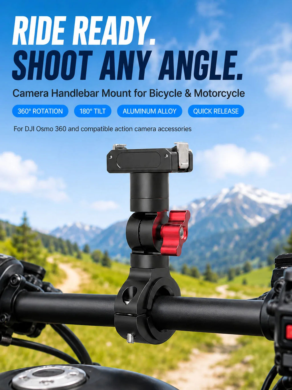 SOARSHOT Bicycle Motorcycle Handlebar Camera Mount 360° Swivel 22-32mm Clamp for DJI Osmo Insta360 Action Camera Quick Release