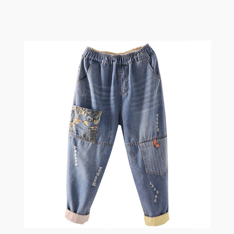 Women's Casual Boyfriend Baggy Jeans Fashion Vintage Style Patchwork Streetwear Female Denim Pants Loose Versatile Harem Trouser