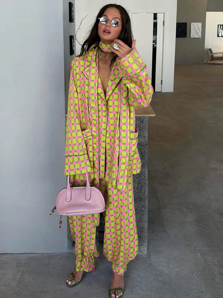 Vacation Geometric Printed Loose Pants Sets Women Lapel Full Sleeve Pocket Shirts Wide Leg Pant Suits 2026 Summer Street Outfit