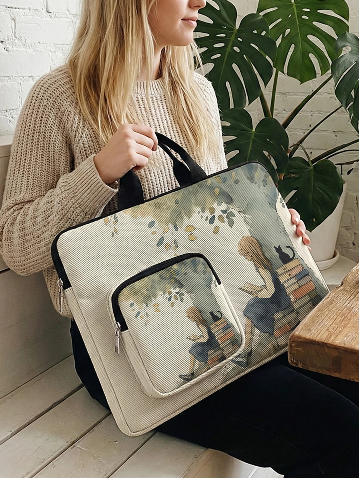 Vintage Reading Girl Black Cat Laptop Handbag With Extra Pocket Shockproof Notebook Case For 13-15.6 Inch Laptops