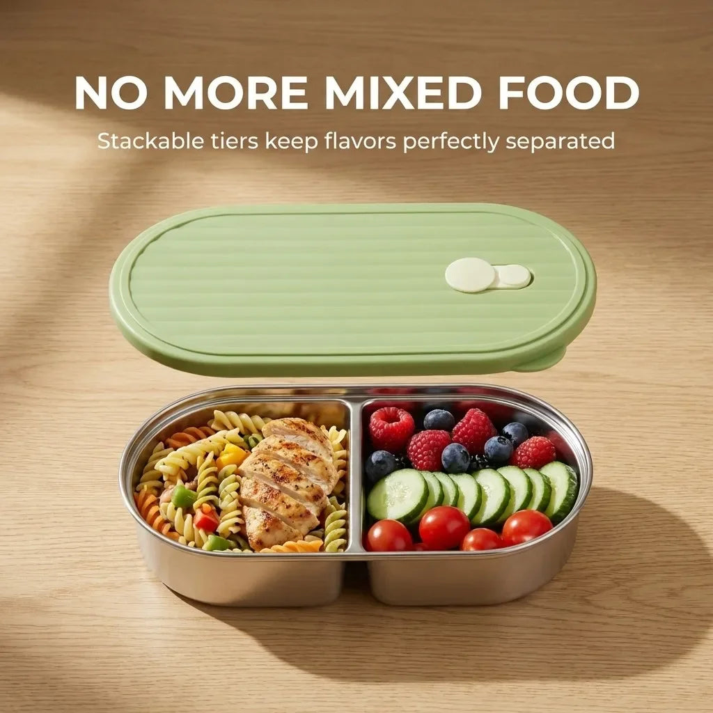 Microwaveable 304 Stainless Steel Bento Box Oval Divided Lunch Box 2 Grids Food Storage Container For Kids Students School