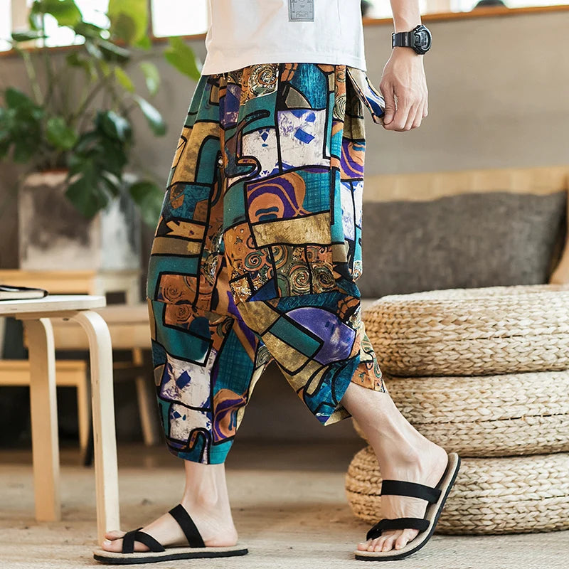 Men's Casual Cotton Linen Seven-Foot Pants Summer plus Size Lantern Loose Fit Shorts Harlan Style Comfortable Breathable Leis...