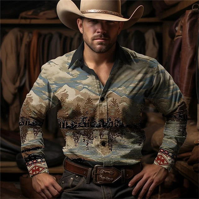 2024 Retro Fashion Simple Long Sleeve Western Denim Men's Social Shirt Top Rock Men's Street Retro Fashion Casual Clothing