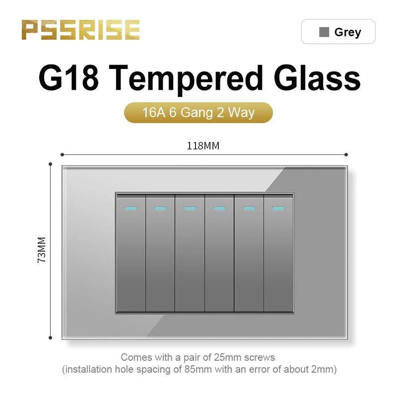 PSSRISE AU EU Brazil Italy US Standard 1/2/3/4/5/6 Gang 2 Way Wall light switch Tempered glass Panel Switch 118*74mm AC110-250V