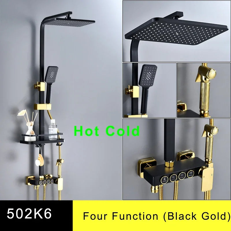 Hot Cold Bathroom Shower Set 12 Inch Rain Shower Head Quality Brass Bathroom Mixer Faucet Black Gold Thermostatic Shower System