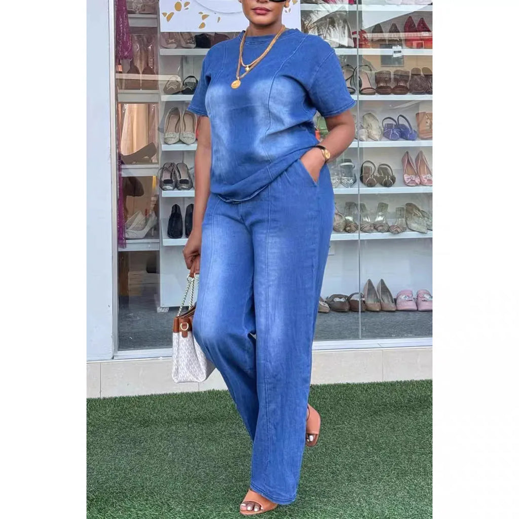 Women Pant Set Two Piece Sets Denim Round Neck Short Sleeve Tops Casual Loose Wide Leg Long Pants High Waist Y2k Streetwear