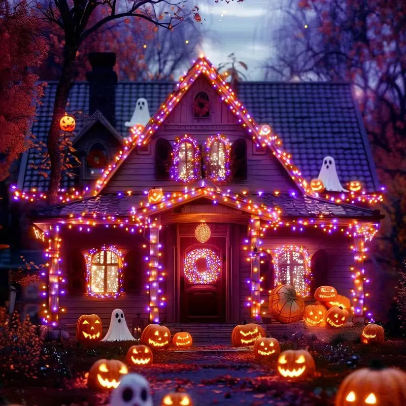 45.93ft 120LED Halloween Purple Orange LED Solar Fairy Lights Outdoor Waterproof Hanging Garden Light Fence Terrace Porch Decor