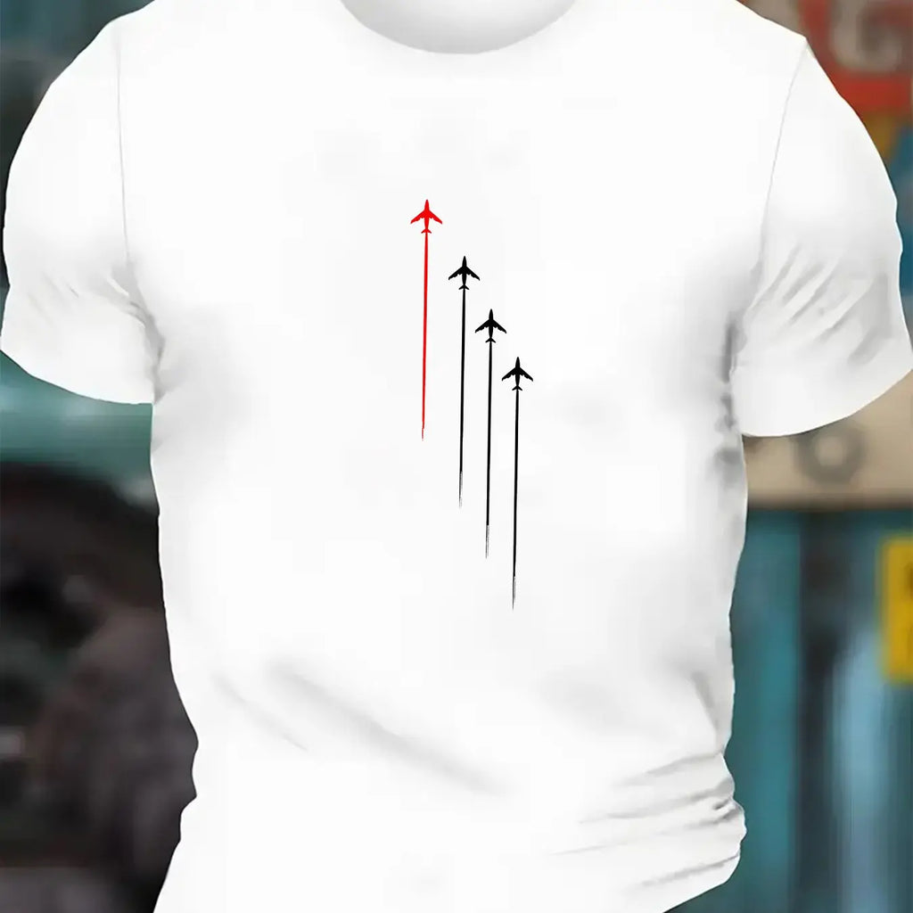 Men's Summer 100 Cotton Fashion Casual Loose Large Size Geometric Airplane Pattern Printed Round Neck Short Sleeve T-shirt Top