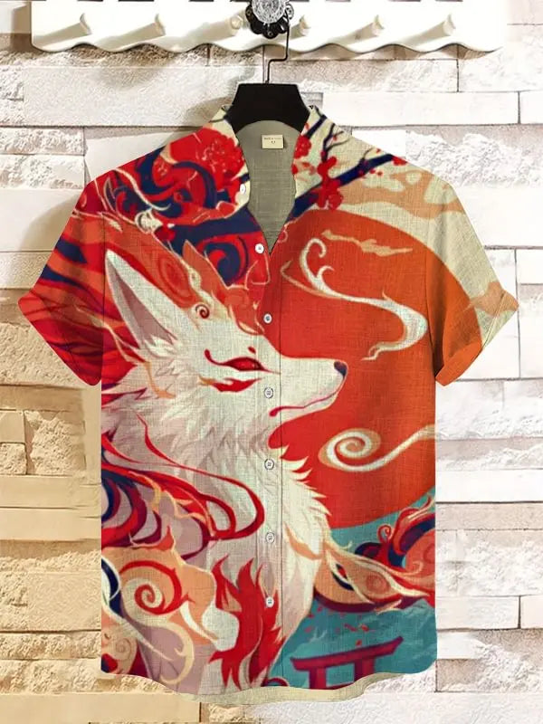 Men's new retro linen short sleeved shirt with giant monster pattern printed casual and comfortable button top