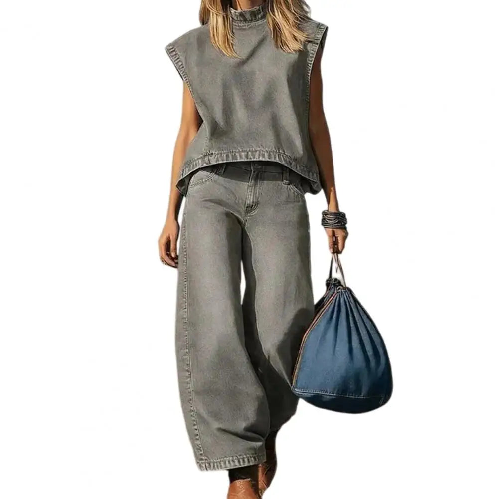 Wide-leg Denim Vest Pants Set 2026 Women Summer Outfit Sleeveless Top Trousers Set Casual Women Outfit Party Wear Two-piece Set