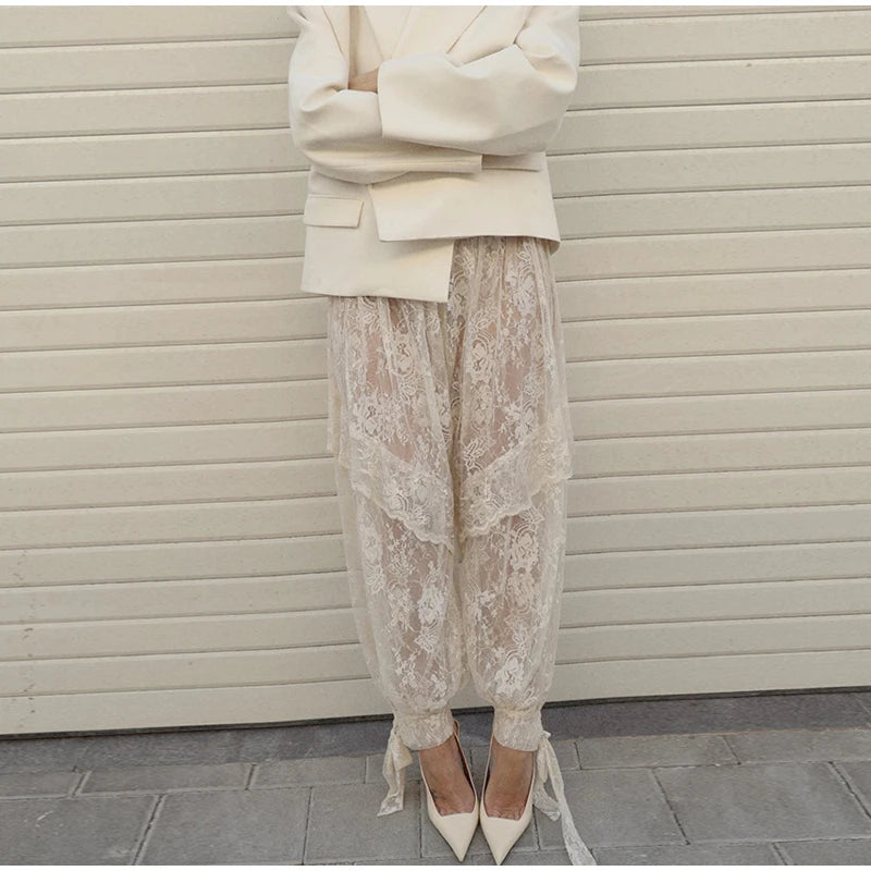 Sheer Floral Lace Tie Balloon Trousers High Waist 2026 Spring/Autumn Elegant Women Bottoms Fashion Chic Holiday Versatile Pants
