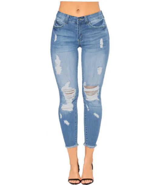 Womens Capri Jeans Cropped Skinny Ripped Jeans Pants Stretch Distressed Destroyed Denim Pants Ankle