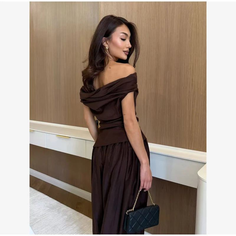 Solid One Shoulder Top Lantern Pants Set Women Chic Cotton Linen T-shirt Wide-leg Pants Suit Elegant Lady Summer Daily Outfits