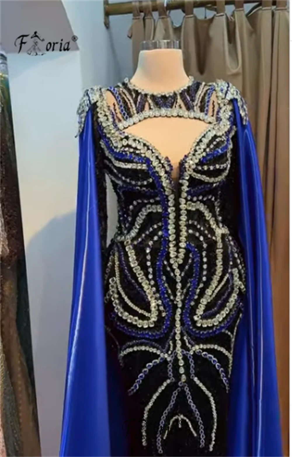 Royal Blue Crystal Mermaid Evening Dresses with Long Cape Stunning Stone Banquet Wedding Prom Dress Robe De Soiree Customized
