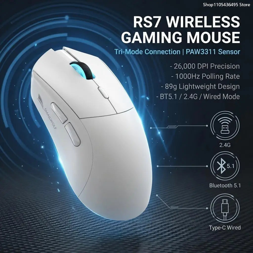 SmailWolf RS7 Tri-Mode Wireless Gaming Mouse Original PAW3311 BT5.1 2.4G Type-C Wired 6 Keys 125-1000Hz Polling Rate 89±3g