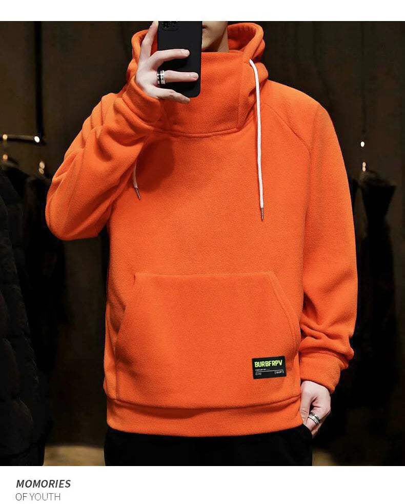 Men's Polar Fleece Sweatshirt Solid Color Street Style Autumn Winter Men Hood Sports Windproof Oversized High Collar Hoodie 5XL