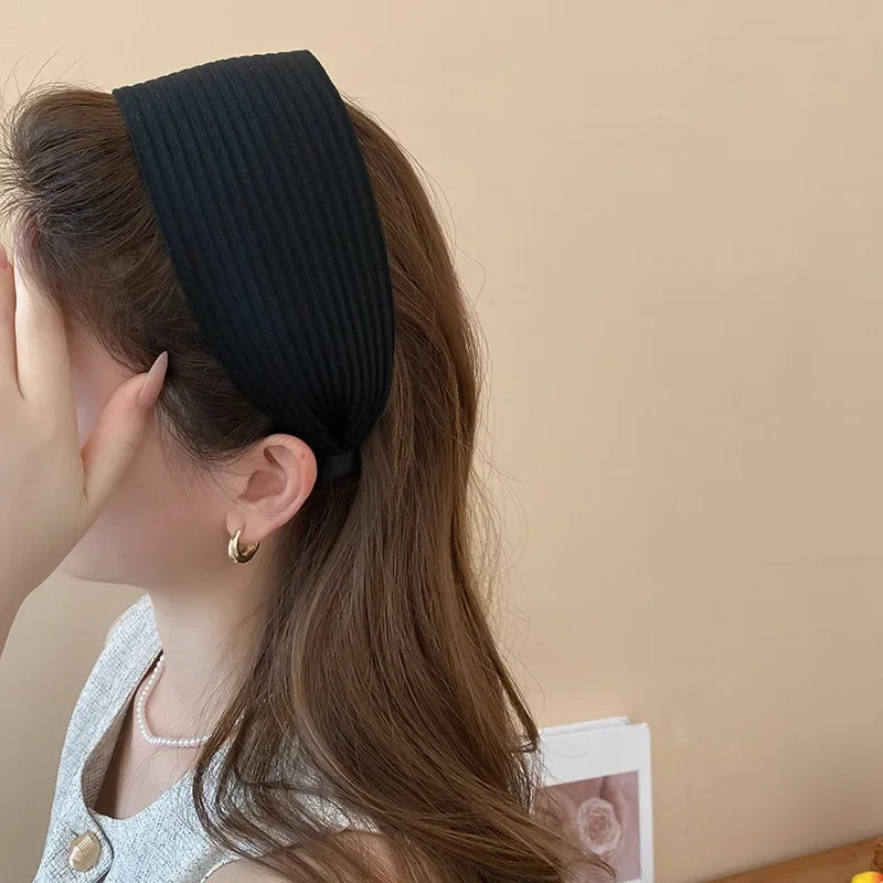 Solid Color Wide Edge Striped Yarn Headband High Head French Gentle Hair Accessory Popular Internet Celebrity Style