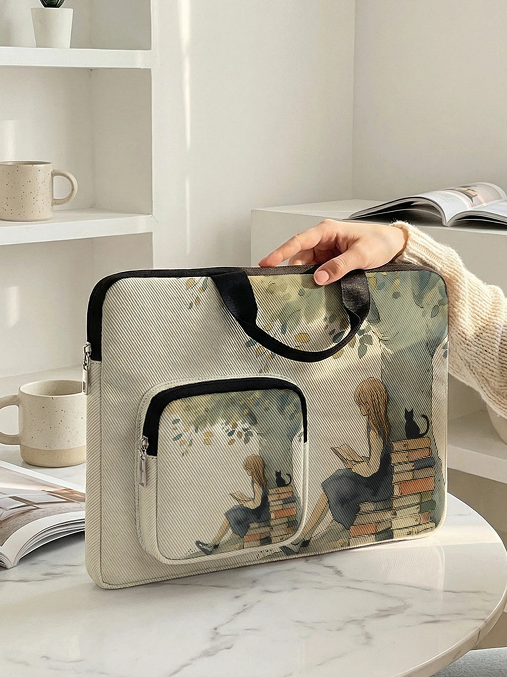 Vintage Reading Girl Black Cat Laptop Handbag With Extra Pocket Shockproof Notebook Case For 13-15.6 Inch Laptops