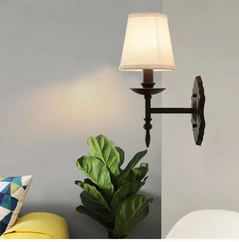 American Black Iron Wall Lamp Retro Living Room Bedroom Bedside Hotel European Countryside Study E14 Fabric Wall Light Sconce