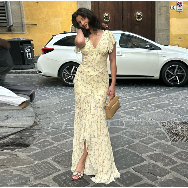 Elegant Sexy Print Fish Dress Women V Neck Short Sleeves High Waist Ruffles Split Vestidos Female 2026 Summer New Chic Dresses