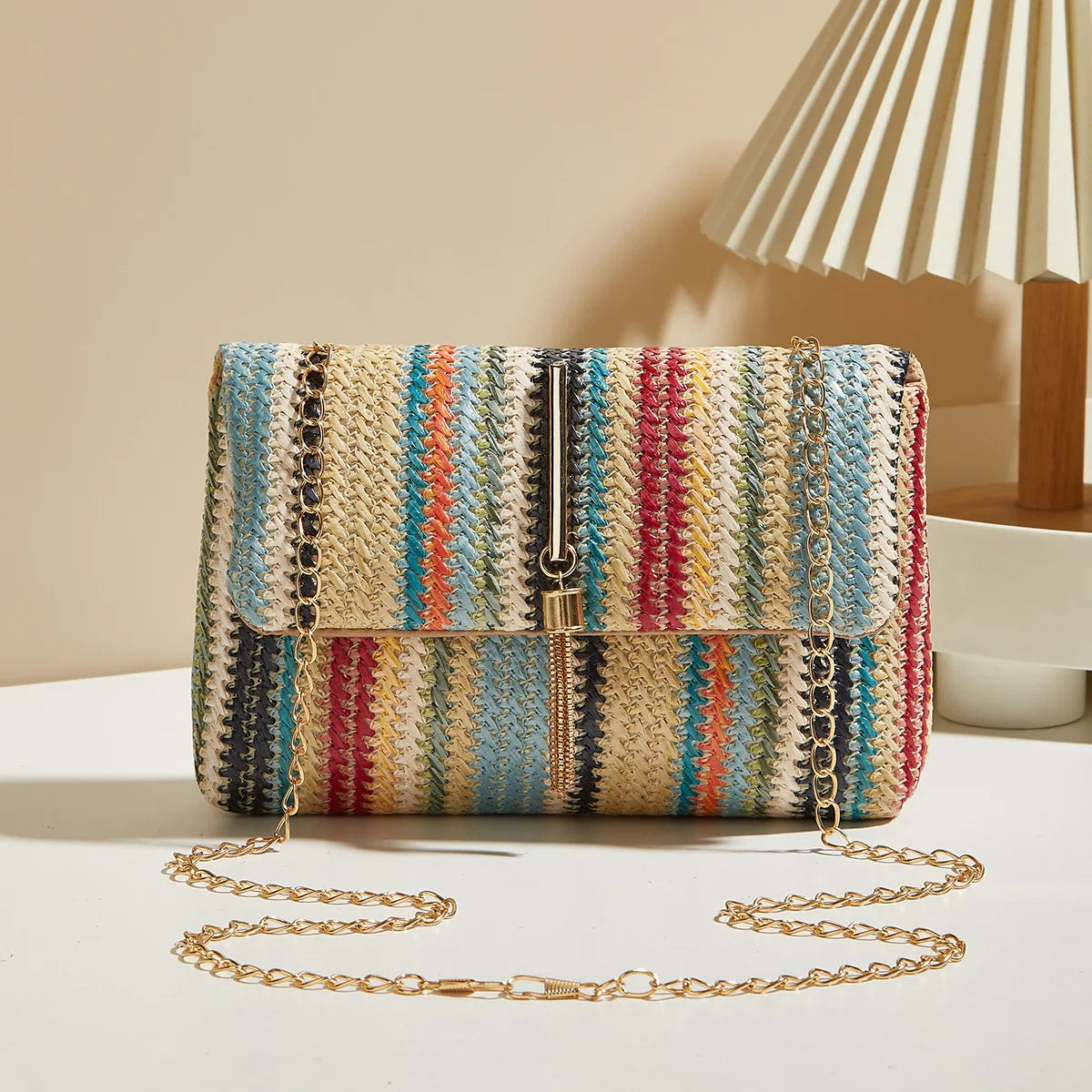 Chic Rainbow Stripe Straw Crossbody Bag for Women Adjustable Shoulder Strap Magnetic Closure Tassel Accent, Fashion Square Purse