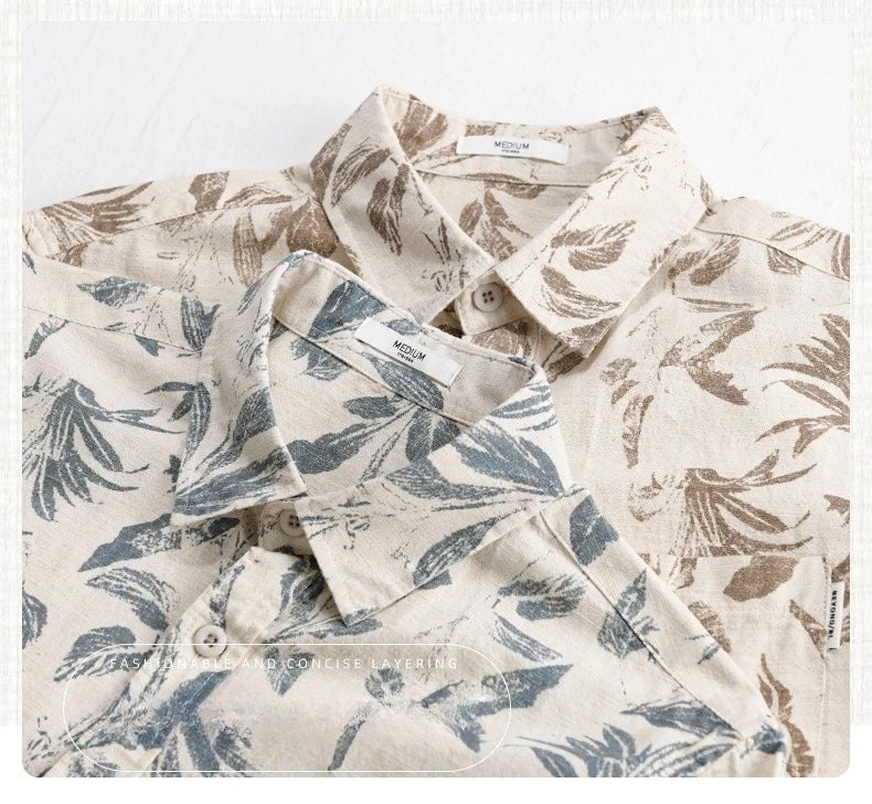 Summer New Printed Breathable Linen Cotton Short Sleeve Shirt for Men Clothing Casual Turn-down Collar Summer Shirt FY736