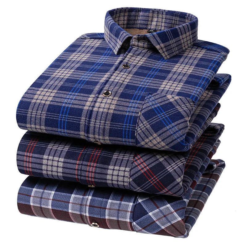 Winter Warm Shirts For Men Regular Fit Thicker Velvet Top Blouse Asia Plus Size Big Plaid Casual Clothing Long Sleeves Shirts