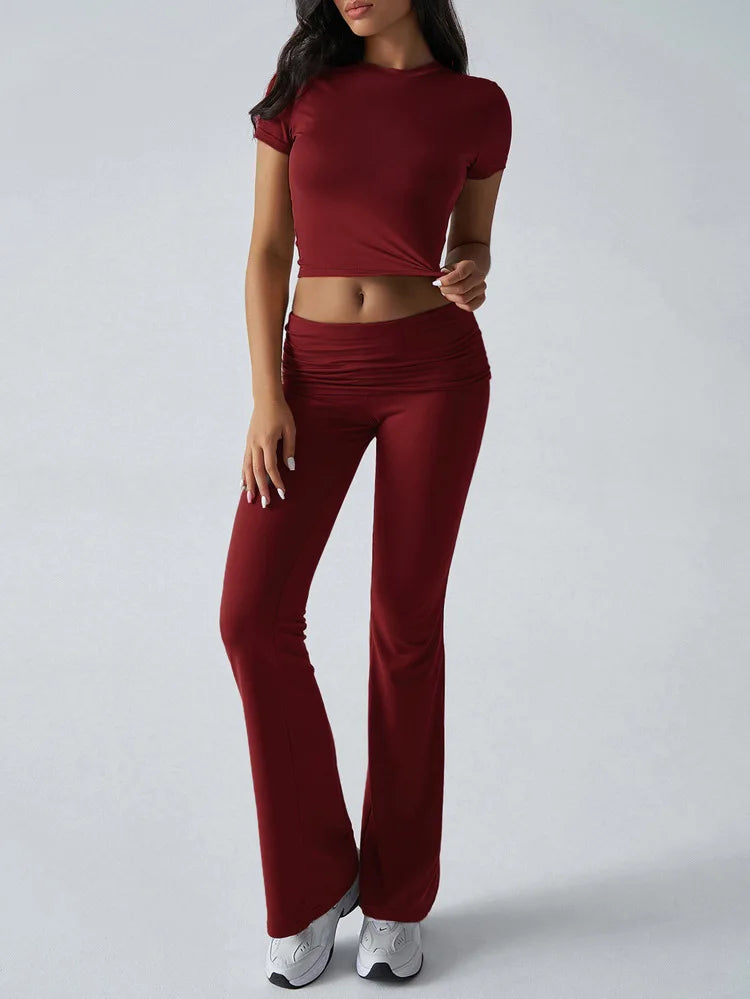 Women's Sexy Tops Suits 2026 Summer Latest Casual Solid Color Yoga Suit Slim Fit Sports Short Sleeved Pants Two-Piece Set Outfit