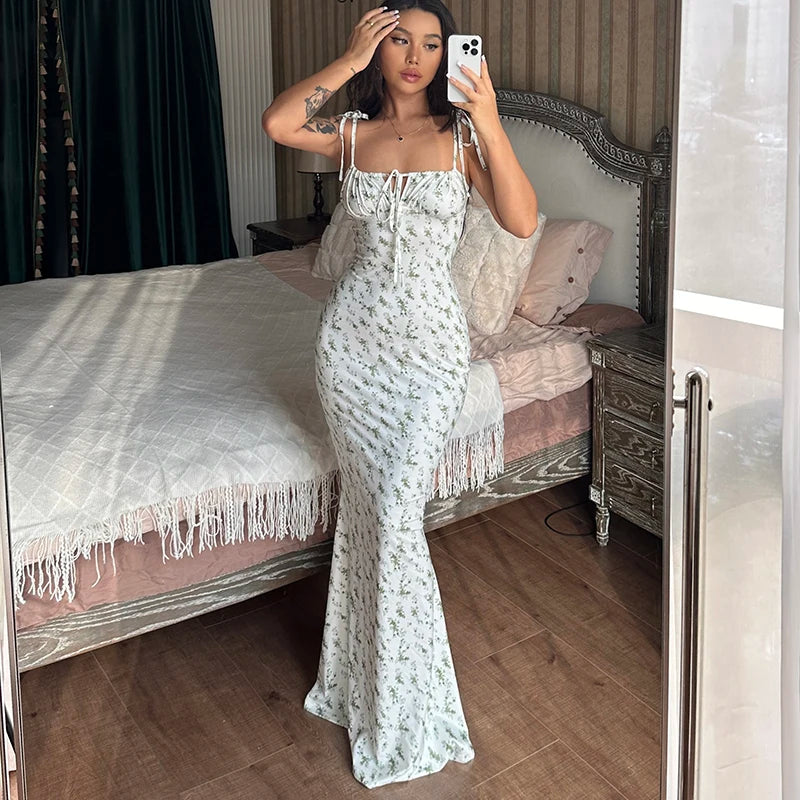 Hugcitar Floral Print Sleeveless Backless Slips Lace Up Maxi Dress Sexy Bodycon Summer Elegant Outfits Holiday Party Wholesale