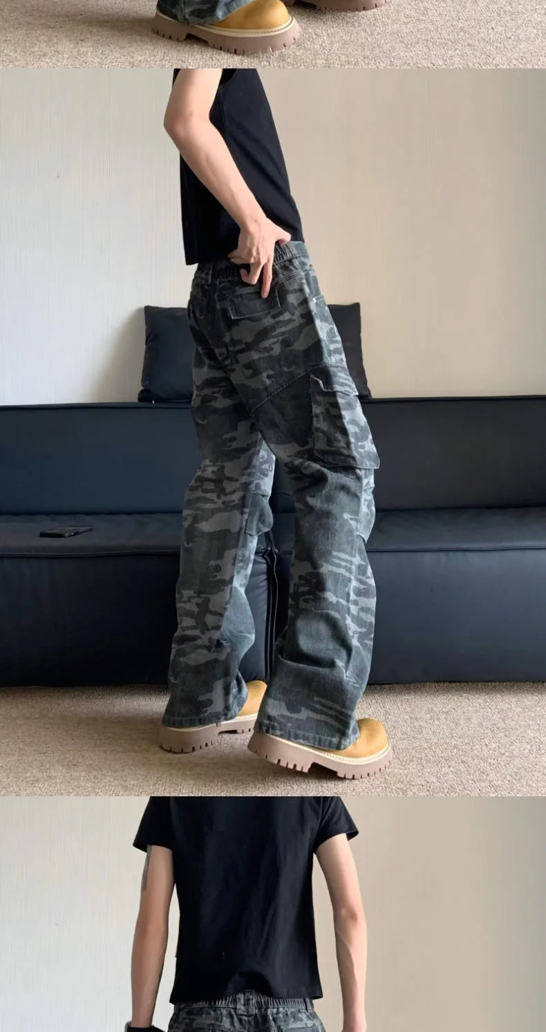Summer Large Size American Retro Camouflage Work Pants Men's Loose Straight Leg Jeans with Diagonal Pockets Casual Long Trousers