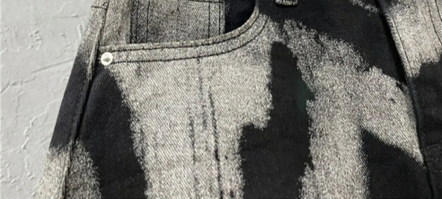 Black Gray Tie Dye Denim Short Skirt High Waist Personalized Pattern Denim Skirt Fringed A-line Skirt Fashion Versatile Skirt