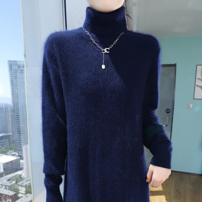 New Hot Selling 100% Mink Cashmere Knitted Women's High Neck Pullover Dress Sweater Slim Fit Solid Color Long Women's Dress