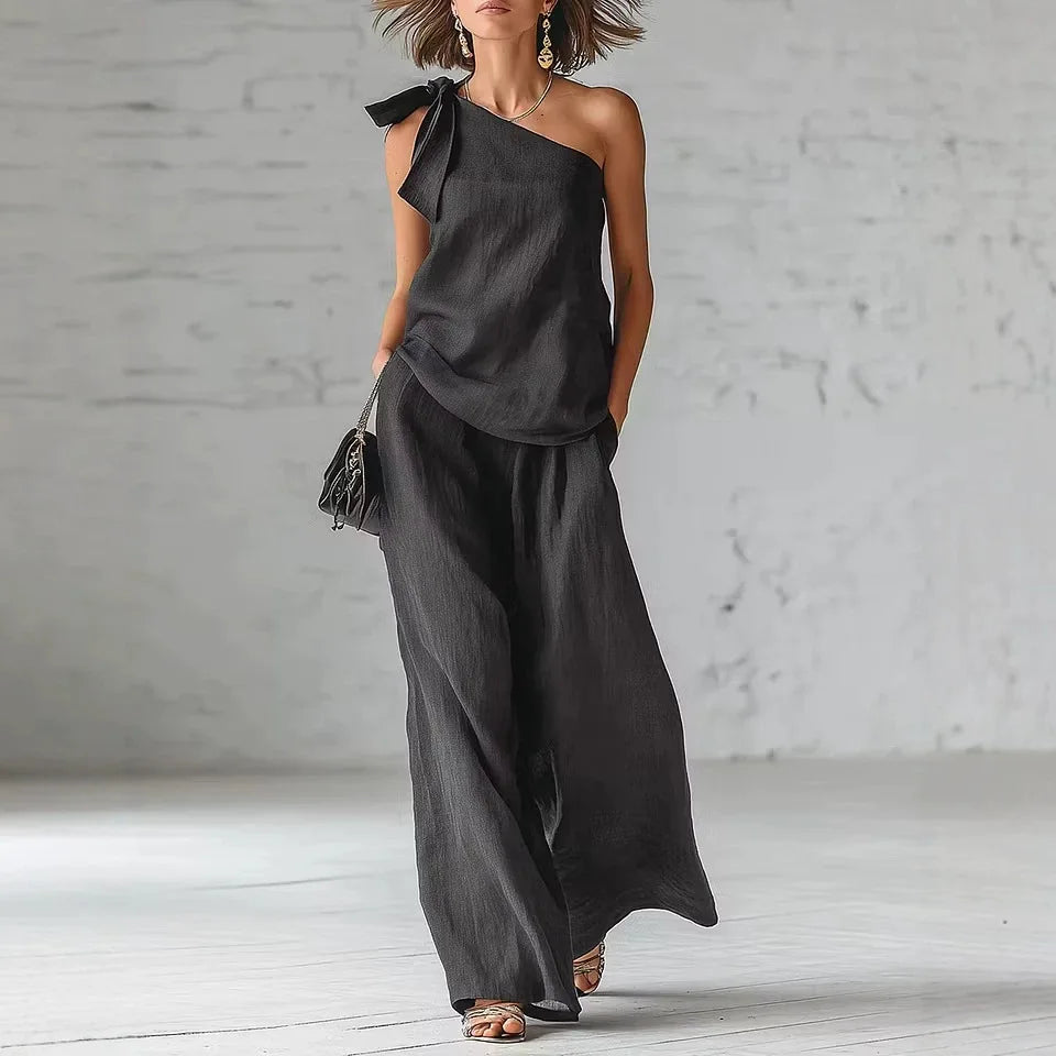 Women's 2 Piece Set 2026 Summer Sexy One Shoulder Tie Knot Top And Wide Leg Pants Suit Casual Loose Summer Beach Vacation Outfit