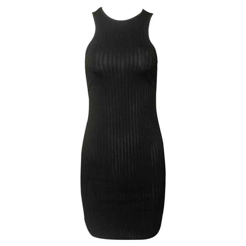 Sexy Stripes Thread Knitting Slim Bodycon Dress Women Sleeveless Solid Color Skinny Mini Dress Elegant Club Party Vestidos