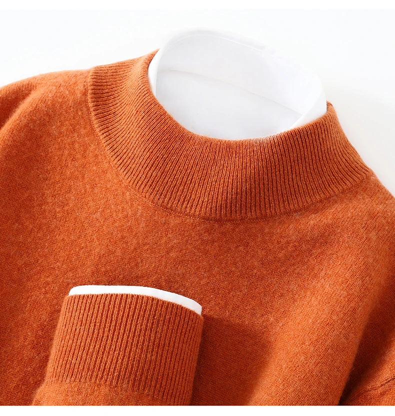 Autumn/Winter Men's 100% Pure Cashmere Pullover Business Casual Solid Knitted Sweater Loose Half High Neck Tops Thick Jumper