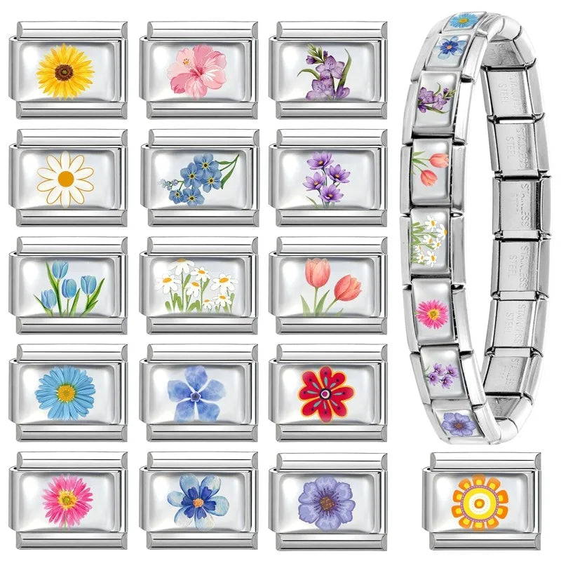 2025 Women's Fashion Colorful Flowers Sunflower Tulip Orchid Daisy Italian Charms Fit 9mm Stainless Steel Bracelet DIY Jewelry