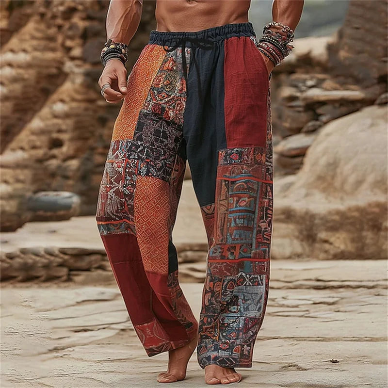 Summer Men's Beach Shorts Relaxed Fit Drawstring Casual Pants 3D Printed Geometric Pattern Breathable Wide-Leg Pants