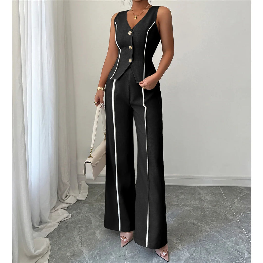 S - XL Sleeveless V Neck Vest Solid Women Suits 2 Pieces Sets Female Leisure Elegant Pants Formal Pantsuit Outfit For Women M127