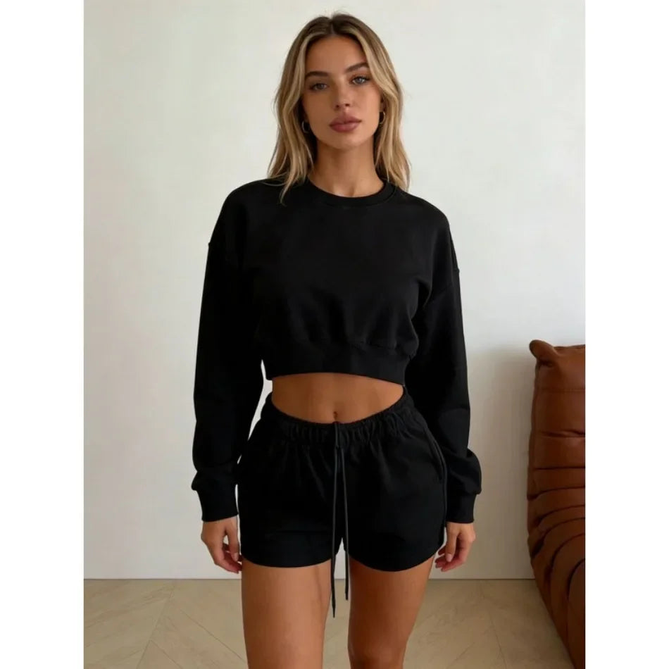 Women's Round-Neck Long-Sleeved Loose Couple Hoodie Set, Solid Color and Simple streetwear women