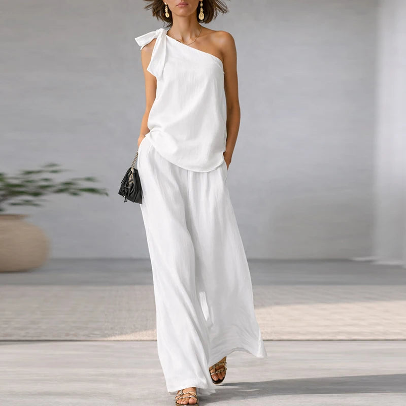 Elegant Lace Up Sleeveless T Shirts Vest High Waist Loose Pants Suit Women Casual Two Piece Set Fashion Holiday Outfits