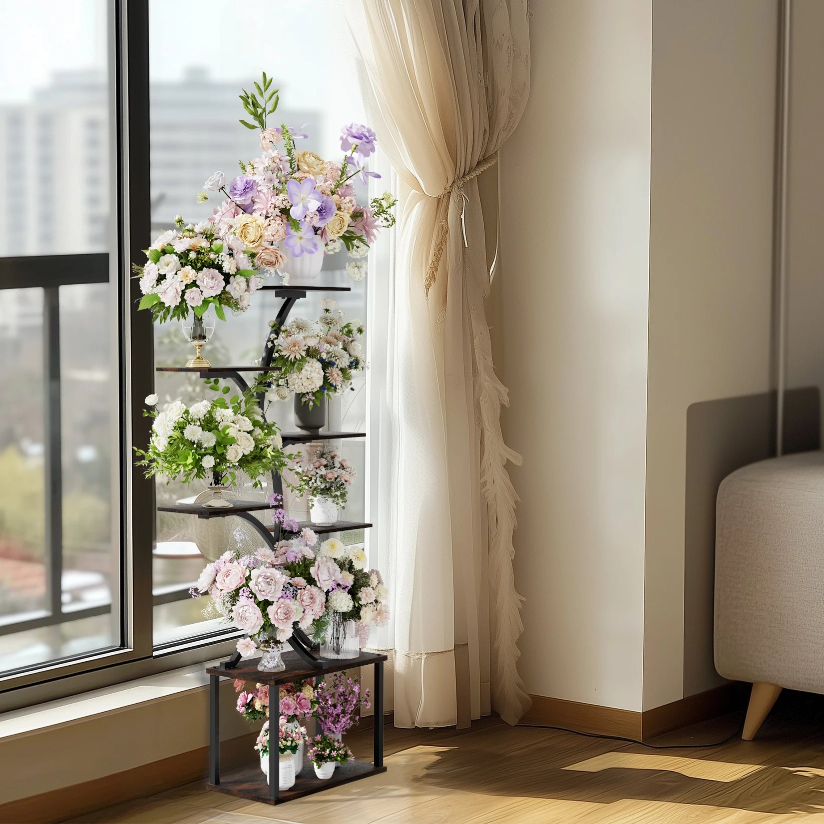 Tree-Shaped Industrial Plant Stand Display Rack Corner Flower Holder Multiple Shelves Organizer Shelves